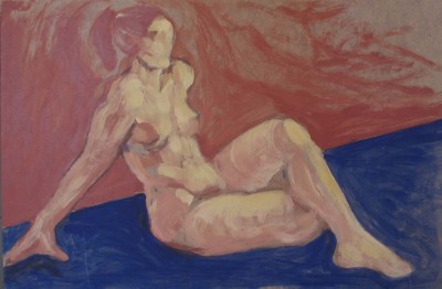 Acrylgemälde einer liegenden Frau in kräftigen in Gelb- und Blautönen 